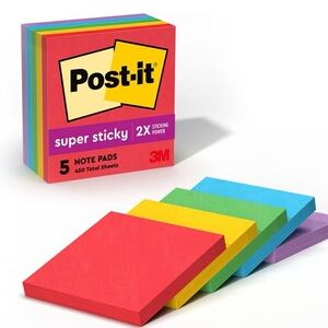 Super Sticky Multi-Color Note Pads - 5 Pack (Red, Yellow, Green, Blue, Purple)
